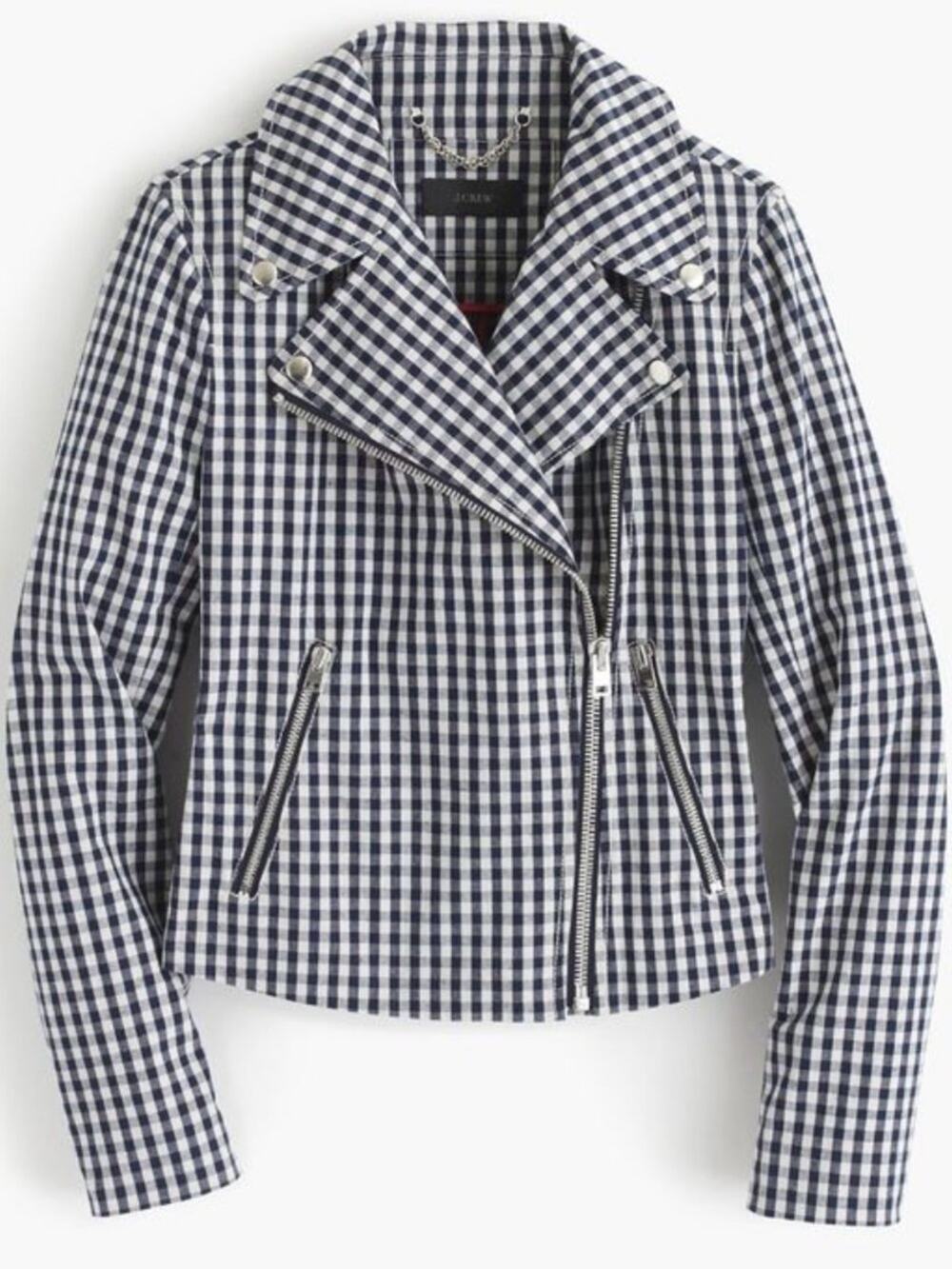 J.Crew Gingham Moto Jacket Size 6 NWT Navy White Check Biker Jacket